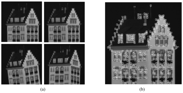 (a) Egy olyan videokép-sorozat négy kockája, amelyben a kamera a tárgyhoz képest mozgott és forgott. (b) A sorozat első képkockája, amelyen apró négyzetek jelzik a tulajdonságfelismerő által megtalált tulajdonságokat (Carlo Tomasi hozzájárulásával).