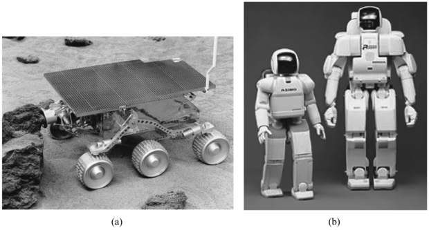 (a) A NASA Sojourner mobil robotja, amely a Mars felszínét derítette fel 1997 júliusában. (b) A Honda P3 és Asimo elnevezésű humanoid robotjai.