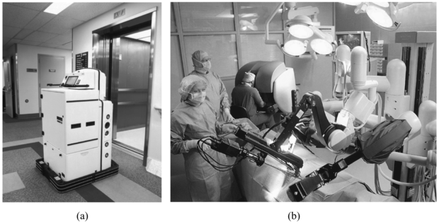 (a) A Helpmate robot élelmiszert és egyéb orvosi felszerelést szállít több tucat kórházban, világszerte. (b) Sebészrobotok a műtőben (da Vinci Surgical Systems).