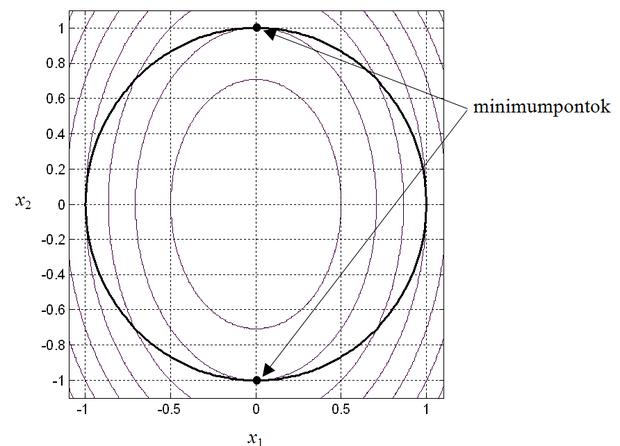 Mintapélda a feltételes szélsőérték-keresésre. A vékonyabb vonallal rajzolt ellipszisek a minimalizálandó f(x) függvény szintvonalai, a vastagabb vonallal rajzolt kör pontjai a mellékfeltételnek megfelelő pontok. A két fekete pont a feltételes minimumot biztosító pontok.